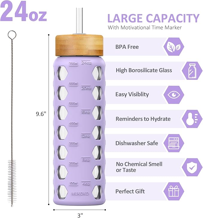 MUKOKO 24oz Glass Water Bottle with 2 Lids-Handle Flip Lid&Bamboo Straw Lid,Motivational Water Tumbler with Time Marker Reminder and Silicone Sleeve, Leakproof-Purple