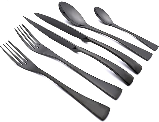 24-Piece Black Flatware, Mirror 18/10 Stainless Steel Modern & Luxury Dinnerware Set With Serrated Steak Knife Teaspoon For Daily Use or Dinner Party Restaurant - Service For 4