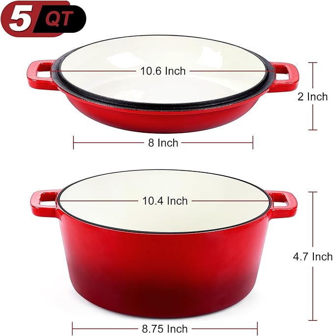 P&P CHEF 5Qt Dutch Oven Pot for Bread Baking (Red), 2 In 1 Round Cast Iron Dutch Oven with Lid Set, Skillet & Pot for Roasting Braising Stewing Frying Simmering, Multi Stoves & Oven Safe
