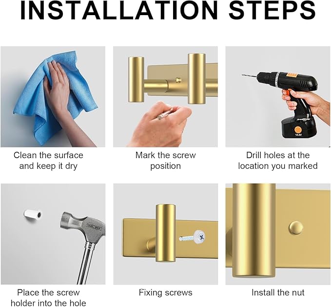 VAEHOLD Hat and Coat Wall Mount Rack - Hooks for Robes, Bags, Keys, and Towels - Bathroom Towel Hanger Organizer (Gold, “T“ Shape 5 Hooks 1 Pack)