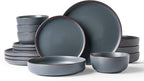 Famiware Mercury Dinnerware Sets with Pasta Bowls, Service for 4 (16 Pieces), Plates and Bowls Sets, Microwave and Dishwasher Safe Dishes Set, Charcoal