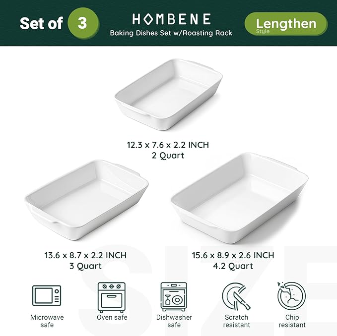 Casserole Dishes for Oven, Ceramic Baking Dishes Set of 3 with Roasting Racks, Rectangular Lasagna Pan with Handles for Baking, Gift, Dinner Microwave Oven Safe (2QT/3QT/4.2QT)