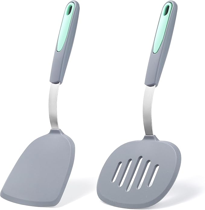 To encounter 2 Pieces Silicone Spatula set, Non-Stick Turner Spatulas, Heat Resistant Silicone Cooking Flipper for Eggs, Fish, Pancakes, Light Grey