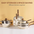 NEWBULIG Cookware Set, Nonstick & Non-Toxic Pots and Pans with Stay-Cool Handles, Induction Compatible, Cream White, 17 Pieces(6 Pot)