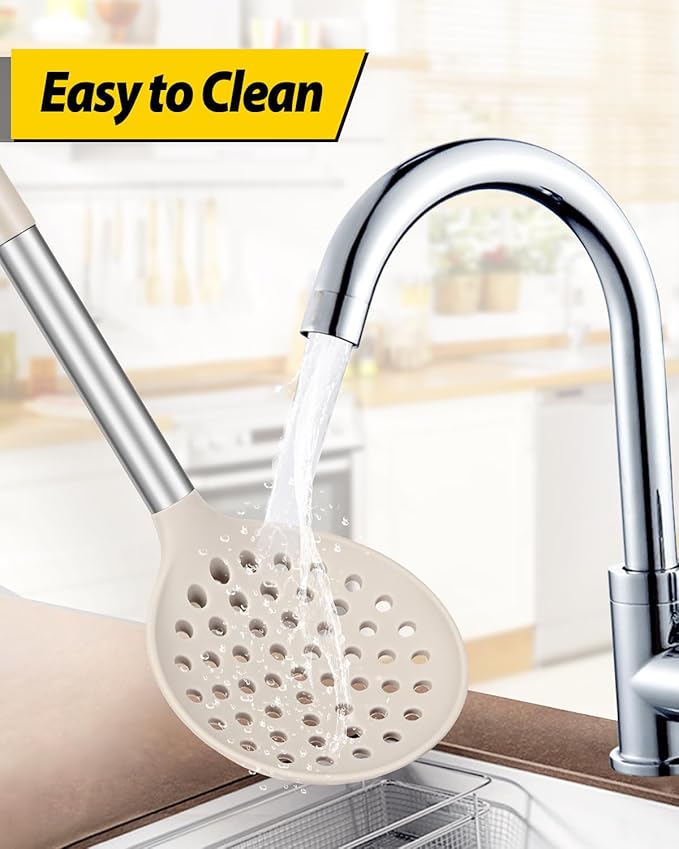 Kitchen Ladle Strainer Set of 2 Large Slotted Spoon with High Heat Resistant BPA Free Non Stick Cooking Skimmers For Draining and Frying (Black-Khaki)