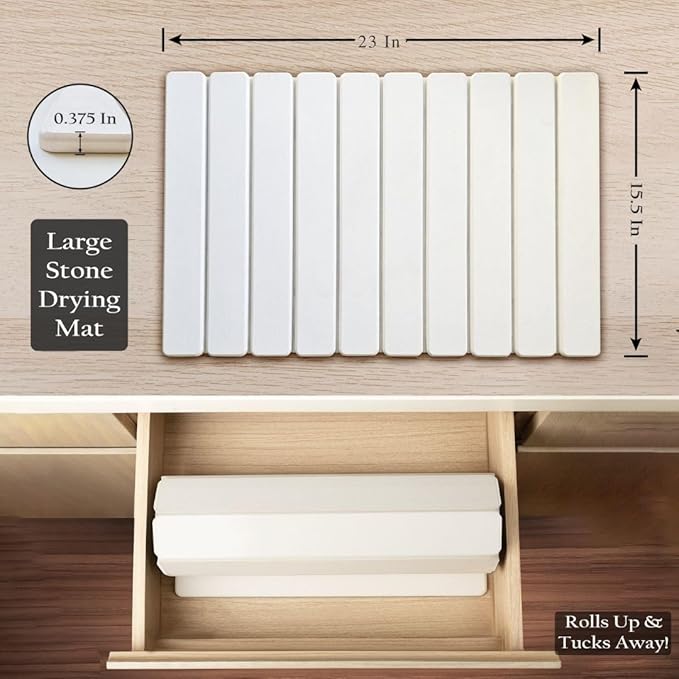 Large Stone Drying Mat for Kitchen Counter | Premium Diatomaceous Earth Coaster Set for Dishes | Non-Slip Kitchen Sink Mat | Fast-Absorbing, Eco-Friendly | 23" x 15.5" (Modern White)