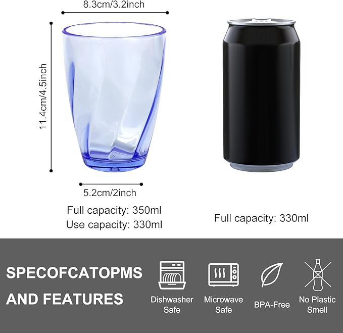 Topsky 12-ounce Plastic Water Tumblers | Set of 4 Transparent Unbreakable Drinking Glasses Clear Acrylic Reusable Juice Wine Cups for Home Picnic Party, Dishwasher Safe, Stackable,Blue