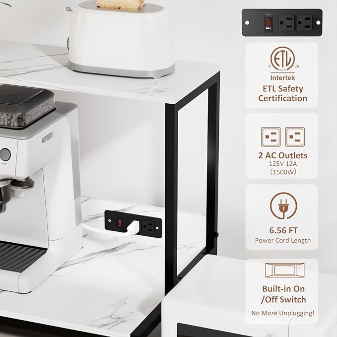 Mini Fridge and Microwave Stand Over Refrigerator Storage Shelf with Power Outlet, 5 Tiers Adjustable Bakers Rack Cabinet Coffee Bar Appliance Organizer for Dorm Office,Marble-Look