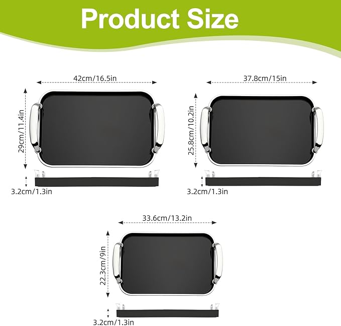 3 Pack Serving Tray with Handles, Stackable Reusable Trays for Serving Food, Plastic Serving Platters for Party, Charcuterie, Fruit, Appetizer, Black Silver