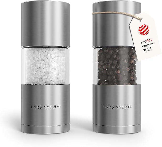 LARS NYSØM Salt and Pepper Grinder Set I Salt and Pepper Mills with Adjustable Ceramic Grinder 2 pieces I Manual Design Spice Mill Set (Stainless Steel)