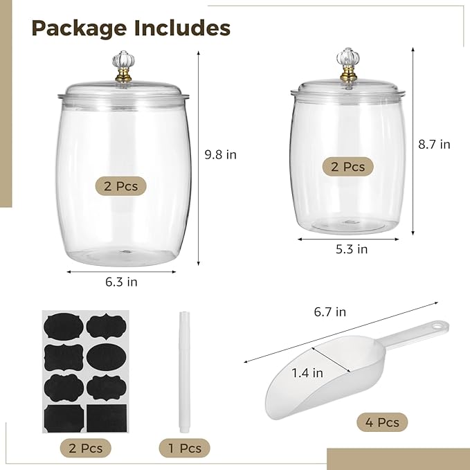 Plastic Storage Jars with Lids for Food, 2.2L x 2PCS, 3.8L x 2PCS, Multi-Functional Airtight Containers with Labels, Scoops, Stickers for Grains Nuts Snacks