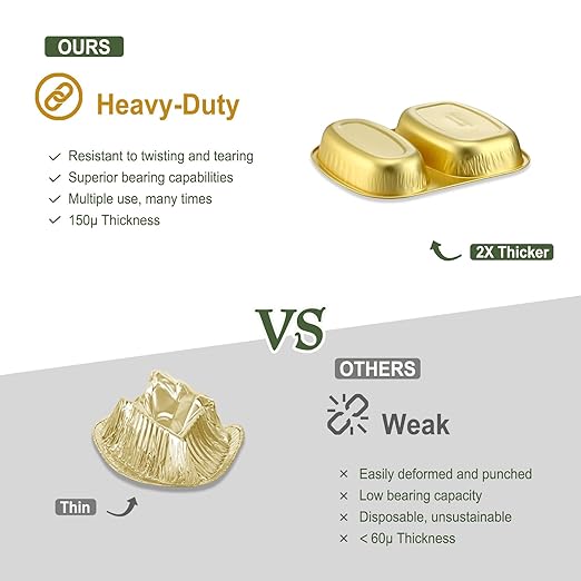 Aluminum Foil Pans of Divided Compartment with Snap-On Lids (5 Pack) | 2X Thicker Heavy Duty Reusable Container 27oz for Take-Out (Gold)