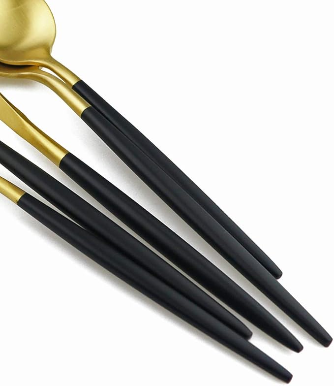 Gugrida Black Gold Flatware, Royal 20 Piece Matte Black Handle 18/10 Stainless Steel Tableware Sets for 4 Including Forks Spoons Knives, Camping Silverware Travel Utensils Set Cutlery (Black Gold)