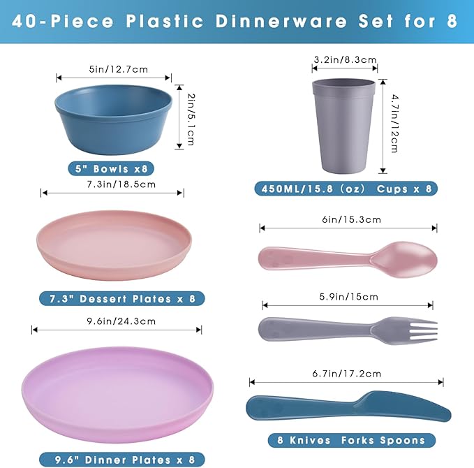 Pastel Plastic Dinnerware Set – 40-Piece Reusable Plates and Bowls Set for 8, Unbreakable Dishes with Cups, Knives, Forks, Spoons for Camping, Picnic, Kids, and Everyday Use