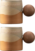 2-Oz Ceramic Espresso Cups with Wood Handle, 2/4-Piece Set for Coffee, Tea, Latte - Dishwasher Safe, Multi-Color & Wood Styles, Gift & Café Use(Kiln turning yellow, Round Handle2)