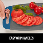 GORILLA GRIP BPA-Free Reversible Kitchen Cutting Board Set of 3, US Designed, Nonporous, Juice Grooves Catch Liquid, Slip Resistant Border, Dishwasher Safe, Durable Food Chopping Boards, Blue Gray