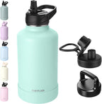 64oz Insulated Water Bottle with Straw, Half Gallon Stainless Steel Vacuum Water Jug, Large Thermal Water Bottle Flask with Leakproof 3 Lids for Travel, Camping, Gym Sports Seafoam