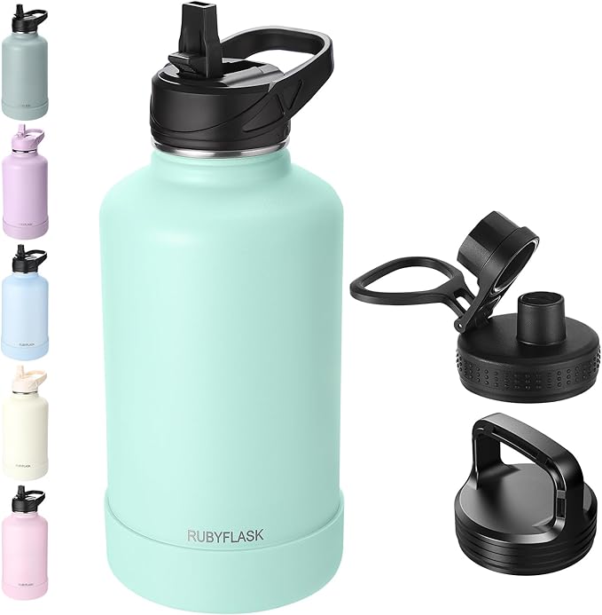 64oz Insulated Water Bottle with Straw, Half Gallon Stainless Steel Vacuum Water Jug, Large Thermal Water Bottle Flask with Leakproof 3 Lids for Travel, Camping, Gym Sports Seafoam
