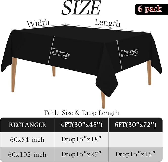 WIGENIUS 6 Pack Black Table Cloth Rectangle 60x102 Inch Polyester Tablecloths for 6ft Rectangle Tables - Reusable Wrinkle Resistant Washable Cloth Cover for Wedding Banquet Party | Hemmed Edges