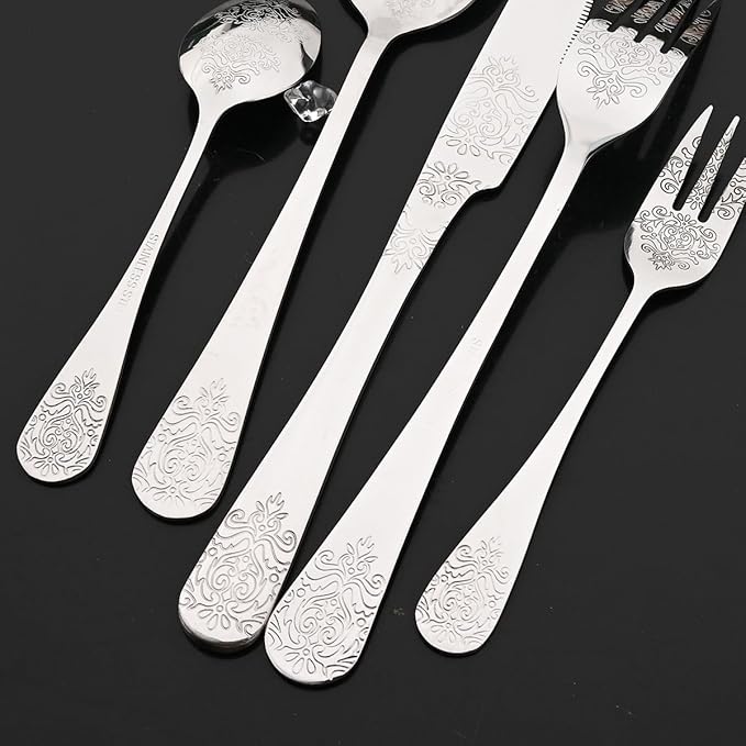 JASHII 20-piece Silverware Flatware Set Vintage Carved Floral Pattern Eating Utensils Stainless Steel Knife Fork Spoon Set Mirror Polished Dishwasher Safe - Silver