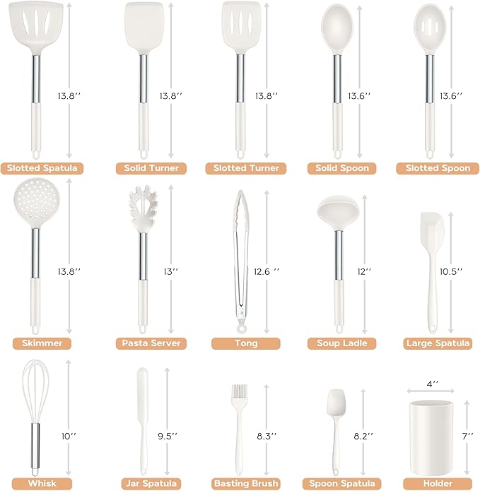 Silicone Kitchen Utensils Set, 15pcs White Silicone Cooking Utensils Set with Holder, Includes Heat Resistant Spatula Turner Spoon Whisk Tong