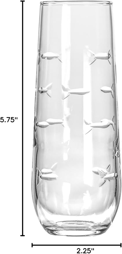 Rolf Glass School of Fish 8.5oz Stemless Champagne Flute Glasses | Toasting Flute Glasses | Lead-Free Glass | Etched Flute Glasses | Proudly Made in the USA (Set of 4)