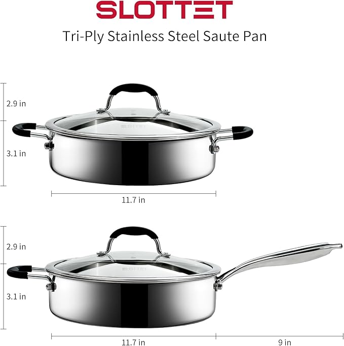 Tri-Ply Stainless Steel Saute Pan with Steamer, 5 Quart Deep Sauté Pan with Lid and Stay Cool Handle,11.5 Inch Frying Pan,Dishwasher and Oven Safe,Induction Stainless Steel Cookware
