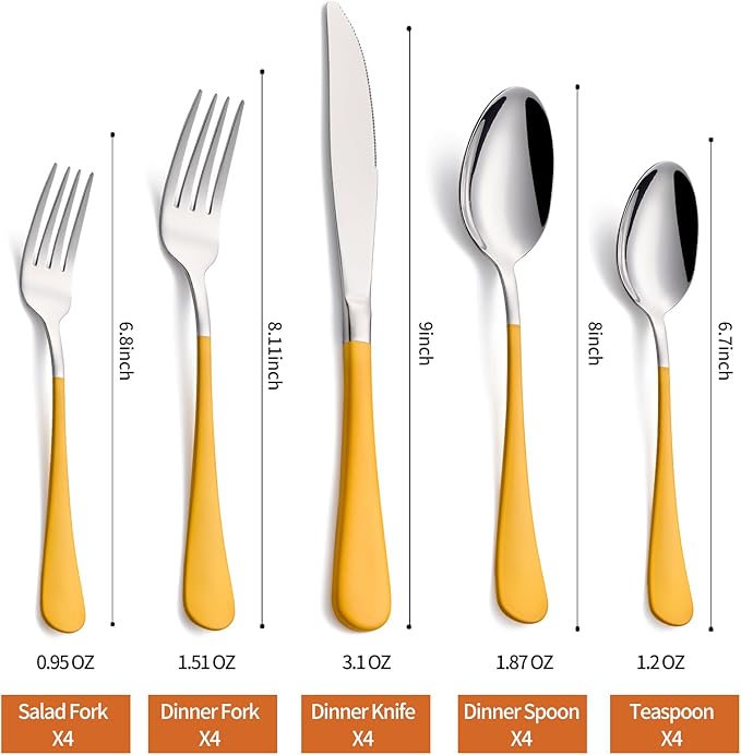 20 Piece Yellow 18/0 Flatware Utensil Set for 4, Include Dinner Knife,Dinner Forks,Dinner Spoons,Salad Forks,Teaspoons,Silverware Set for 4, Dishwasher Safe