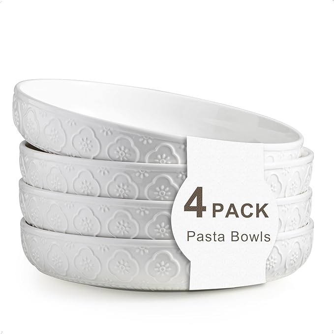 YHOSSEUN 9.75" Pasta Bowls Set of 4, 50 OZ Large Salad Serving Bowls, Ceramic Pasta Plate Bowls, White Soup Bowl, Microwavable Dinner Bowls for Kitchen, Embossed Sunflower