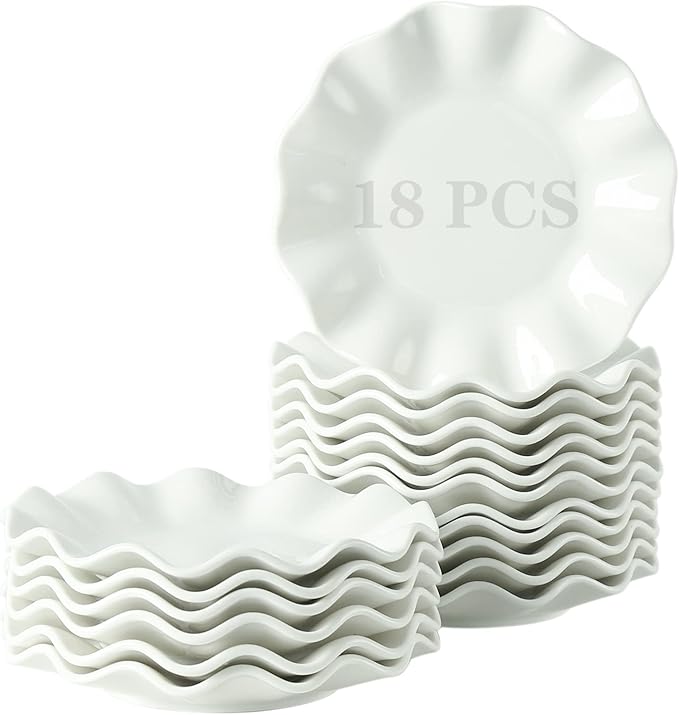 6 Inch Porcelain Appetizer Plates Set of 18, Small Dinner Plates, Dessert Salad Plates, White Wave Rim Serving Dishes for Cake, Snack, Ice Cream, Waffles, Microwave, Oven, and Dishwasher Safe