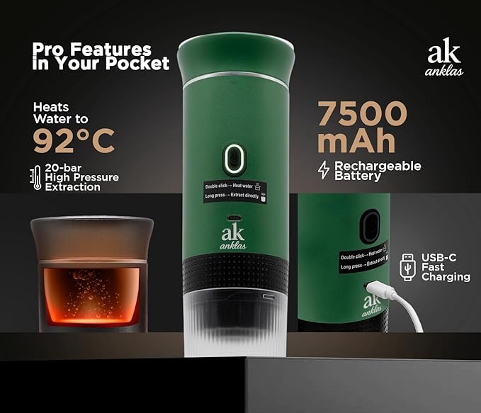 3-in-1 Portable Coffee Maker – Electric Espresso Machine for Travel – Compatible with Ground Coffee, NS & DG Capsules – USB-C Rechargeable Portable Espresso Maker (Green)