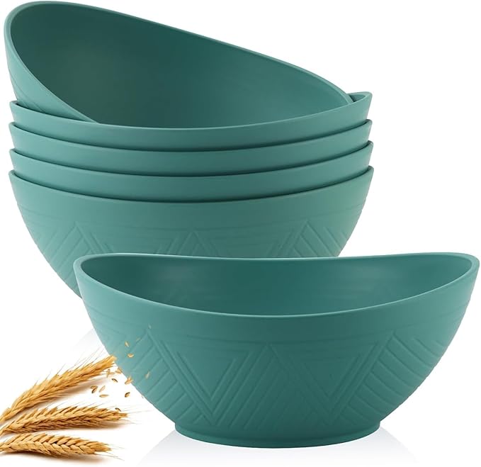 Homienly Salad Bowls 6 PCS Wheat Straw Bowls - 60oz Large Serving Bowl - Microwave and Dishwasher Safe Cereal Bowl Big Soup Bowl for Kitchen, Camping, Picnic, Party, Popcorn Bowl Set - Green
