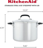 KitchenAid Stainless Steel Stockpot with Measuring Marks and Lid, 8 Quart, Brushed Stainless Steel