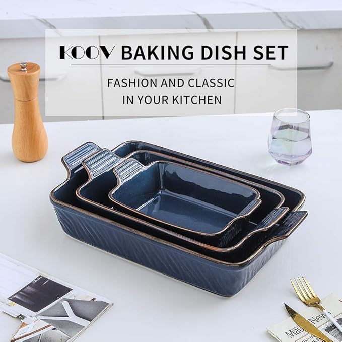 KOOV Bakeware Set, Ceramic Baking Dish, Rectangular Lasagna Pans for Cooking, Cake Dinner, Kitchen, 9 x 13 Inches, Texture Series 3-Piece (3 Piece, Aegean)