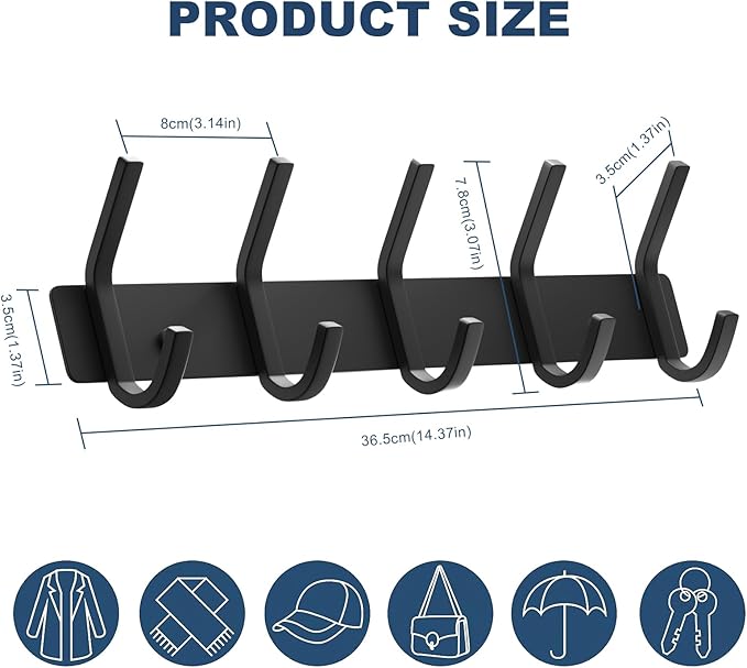 VAEHOLD Wall Hooks, Heavy Duty Aluminum Towel Hooks for Hanging Coat, Hat, Key, Clothes, Closet Hook Wall Mount for Kitchen, Bathroom, Office (“C“ Shape Coat 5 Hooks 2 Pack)
