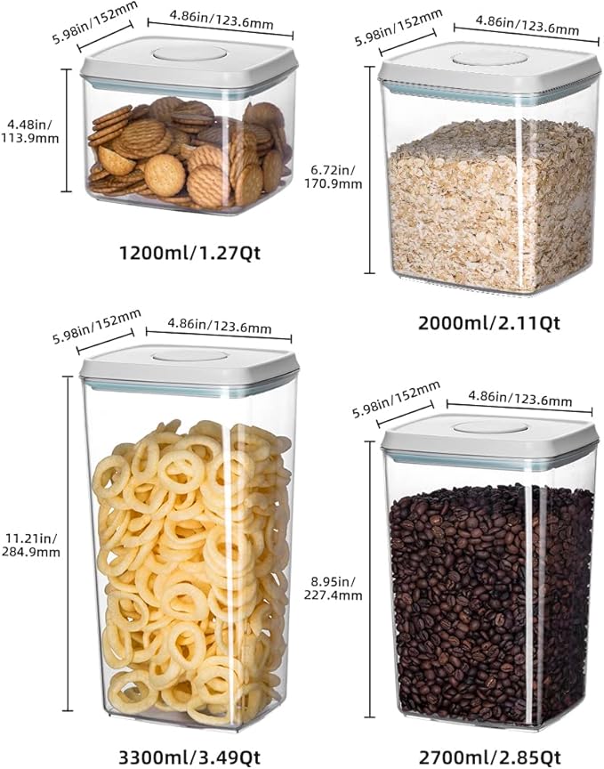12 Pcs Pop Airtight Food Storage Containers with Lids for Kitchen Pantry Organization Stackable Cereal Snacks Flour Sugar Coffee Spaghetti (1.2, 2.0, 2.7, 3.3qt)*3