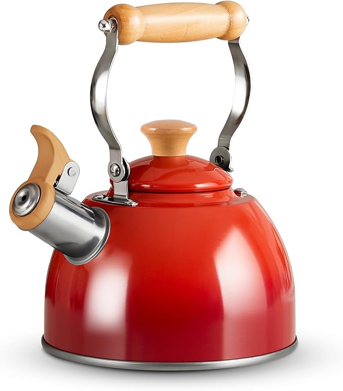 ROCKURWOK Tea Kettle, Tea Pot with Cool Touch Ergonomic Handle, Teapot Food Grade Stainless Steel, Tea Kettle Stovetop, Kettle Teapot, Whistling Tea Kettle, Small Tea Pot, 1.6 Quart (Red)