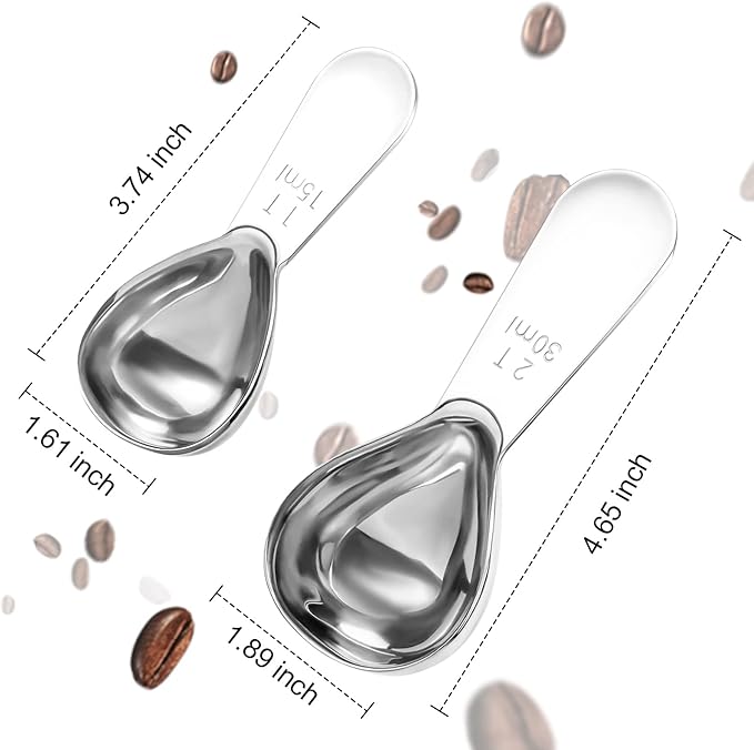 Stainless steel coffee scoop 2-piece set (1 tbsp, 2 tbsp) durable Tablespoon, ergonomic measuring spoon, Suitable for small and large jars，short-handled spoon (Silver)