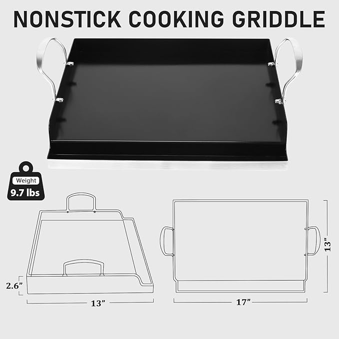 Utheer 17" x 13" Ceramic Nonstick Stainless Steel Griddle for Gas Grill, Charcoal, Stove Top Griddle, Non-Toxic, PFAS/PFOA/PTFE Free, Oven Up to 500°F, for BBQ, Camping & Kitchen, Black
