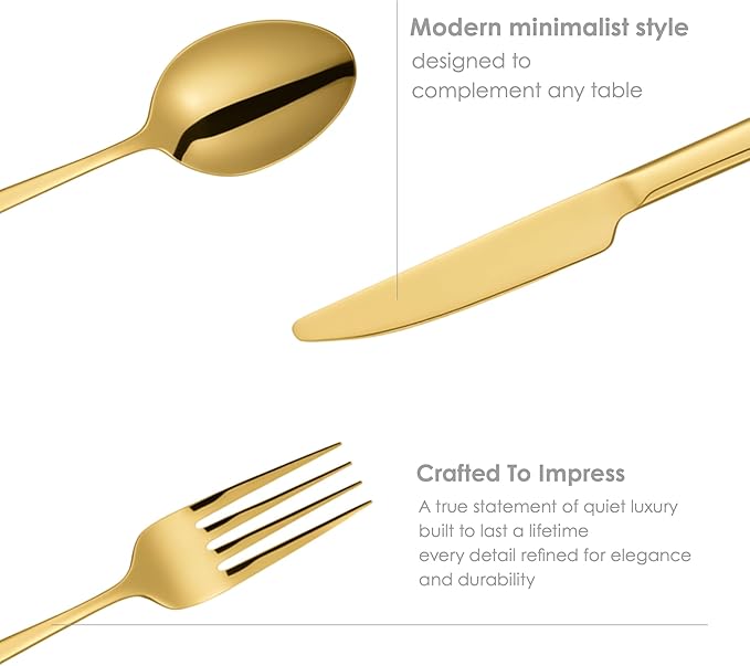 Oxford Silverware Set, 30 Piece Forged Flatware Premium Stainless Steel, Service for 6, for Kitchen, Home, Wedding, Party, Mirror Polished Dishwasher Safe (Matte Gold)