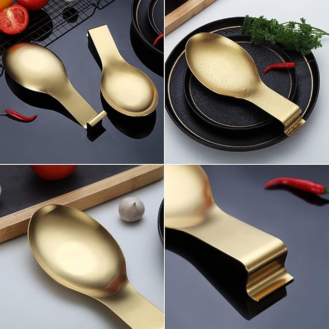 Matte Gold Spoon Rest, Stainless Steel Holder for Stove Top, Kitchen Utensils for Ladles, Tongs, Spatula, Pot Lid, Dishwasher Safe (2PC-9.5 Inch)