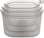 Zip Top Reusable Food Storage Bags | 3 Dish Set [Gray] | Silicone Meal Prep Container | Microwave, Dishwasher and Freezer Safe | Made in the USA