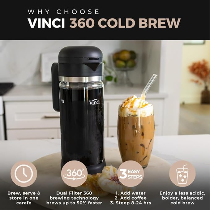 VINCI Cold Brew 360, Glass Cold Brew Coffee Maker Featuring Patented Dual Filter 360 Brewing Technology, Cold Brew for Iced Coffee (1.4 Liter / 47 FL.OZ)