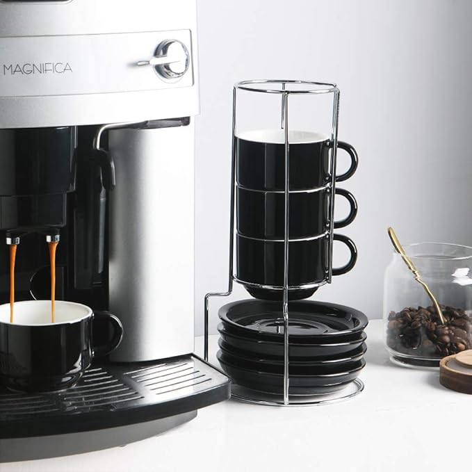 Sweejar Porcelain Cappuccino Cups with Saucers and Metal Stand, 8 Ounce Stackable Espresso Cups for Specialty Coffee Drinks, Latte, Americano, Tea - Set of 4 (Black)