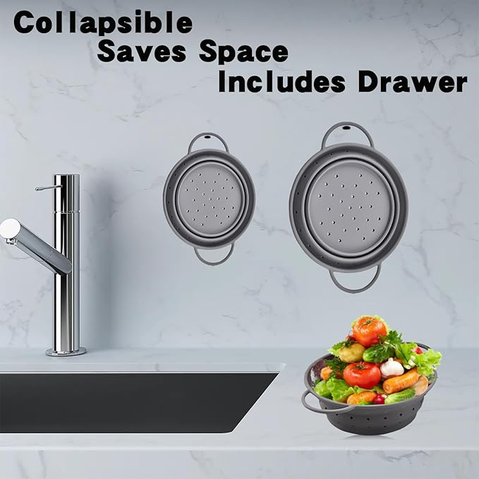 Silicone Collapsible Colander with Handle, Kitchen Colander for Easy Storage,Four-side Fast Draining Silicone Draining Basket, Perfect for Fruits Vegetables (Gray M)