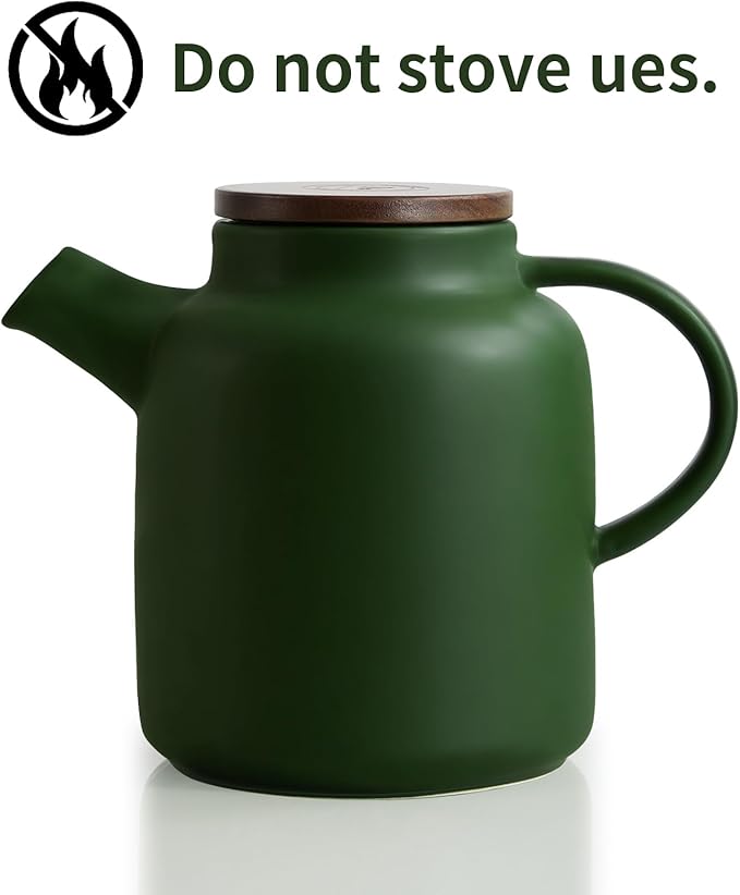 Yundu 1500ml / 50 oz Ceramic Teapot with Infuser & Wood Lid - Matte Green, Loose Leaf Tea Pot with Removable Strainer, Large Capacity