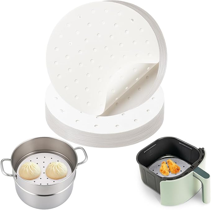 200 PCS Non-Stick Bamboo Steamer Paper, 10" Round Liners with Holes for Steamer Basket, Air Fryer, Bamboo Steamers, and Oven Use