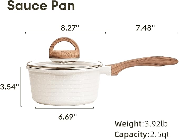 JEETEE 2.5 Quart Sauce Pan with Lid, Non Stick Small Pot with German Granite Coating, Masterclass Cookware Sauce Pot for Cooking, PFOA/PFOS Free(Beige)