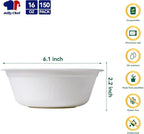 JOLLY CHEF Compostable Disposable Paper Bowl [16 oz] Heavy Duty Soup Containers [150 Pack] Biodegradable Bagasse Hot Cold Food Eco-Friendly Sugarcane Microwavable Bowls for Salad Dessert Milk Cereals