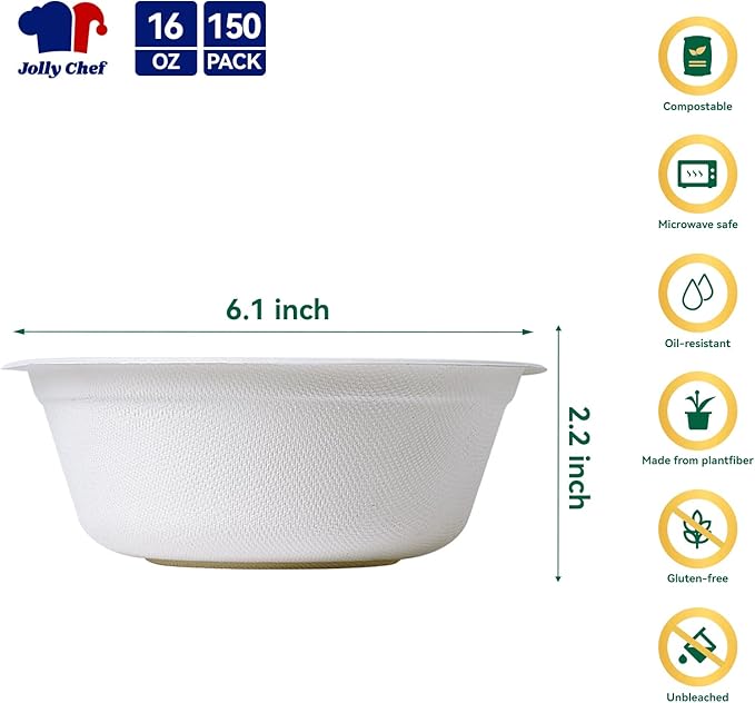 JOLLY CHEF Compostable Disposable Paper Bowl [16 oz] Heavy Duty Soup Containers [150 Pack] Biodegradable Bagasse Hot Cold Food Eco-Friendly Sugarcane Microwavable Bowls for Salad Dessert Milk Cereals